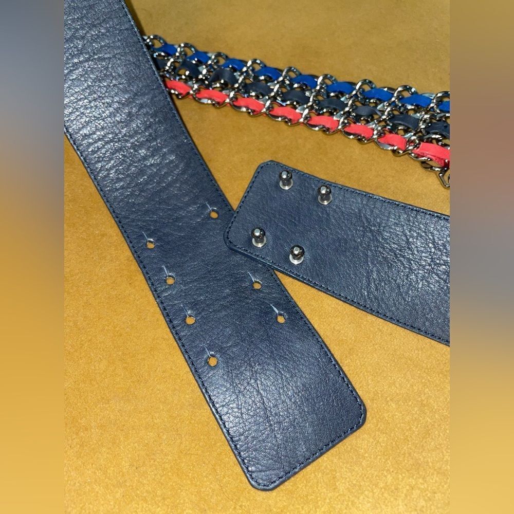 Rene Lezard Belt Navy Leather W/Silver Chains 35” - Picture 4 of 5